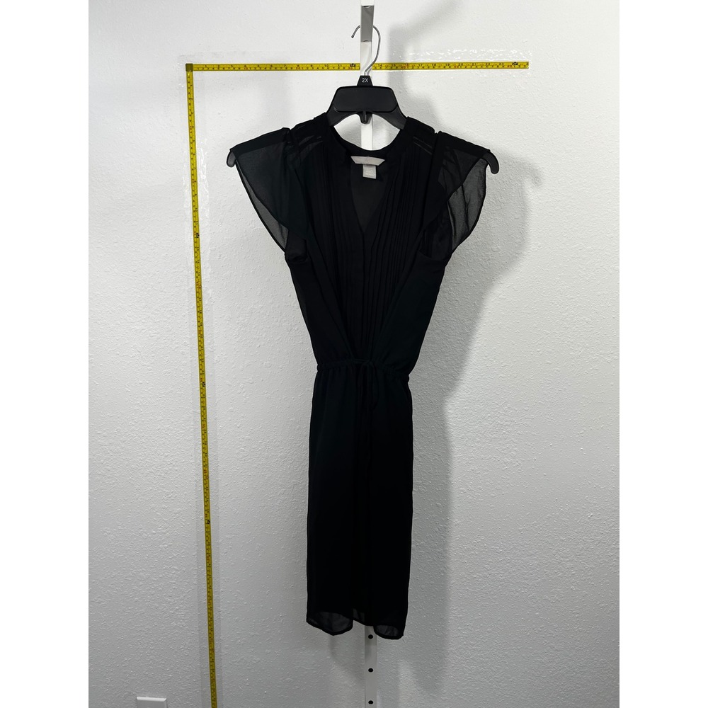 HM Black Pleated V-Neck Dress Sheer Flutter Sleeve Elastic‎ Waist XXS